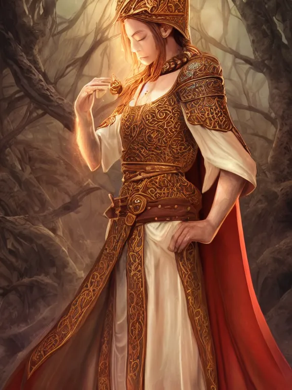 Prompt: sideview of a dnd young priestess in a temple, earth attuned, brown robes, skintight, cloak, beautiful, light brown skin, red hair, happy, metallic brass accessories, spellcasting, high fantasy, detailed face, highly detailed, sharp focus, smooth, digital illustration, by clyde caldwell, rossdraws