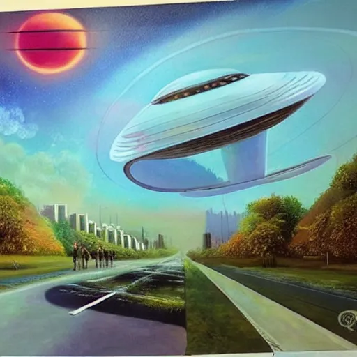 Image similar to Beautiful city of the future in harmony with nature, spaceship in the sky. Nice colour scheme, soft warm colour. Beautiful painting by Lurid. (2022)