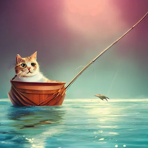 Prompt: concept art of a cat holding a fishing pole while fishing in a boat; vivid; artstation; award winning