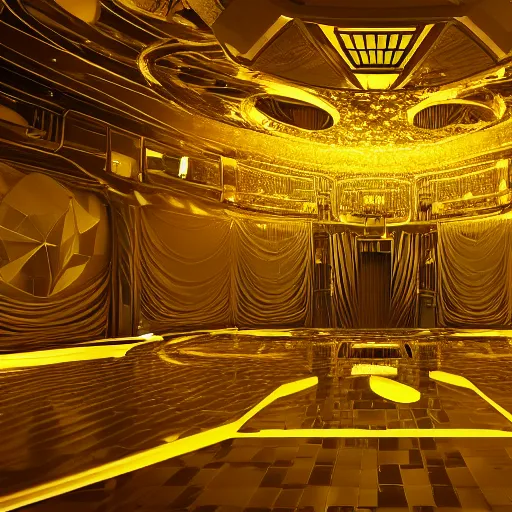 Prompt: a spaceship beaming a light underneath, lasers all over the scene, strobe lights, golden floor, lavish, luxurious, marble walls, cinematic, hyper realism, high detail, octane render, 8 k
