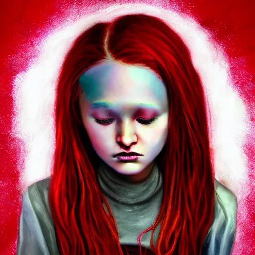 Image similar to a digital art painting of a red haired teen witch, hyperealism, award winning