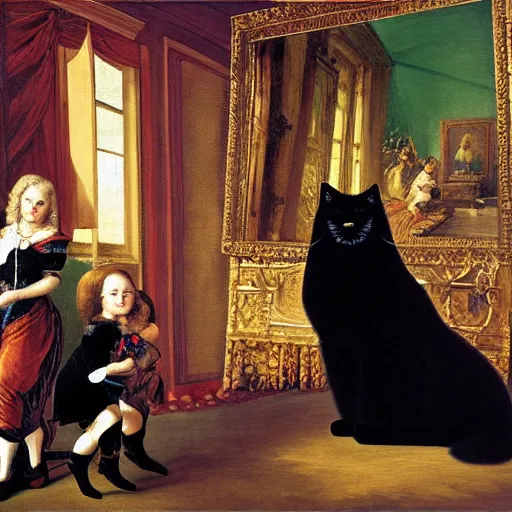 Prompt: family portrait, in the main room of the castle taking, center stage is the huge black persian cat staring contemptuously at people oil paint, variety of different brushstrokes and combining colors in perfect harmony, baroque style, year 1 6 5 6, painted directly without drawing, highlighting the difference between the illusion of art and the reality of life.