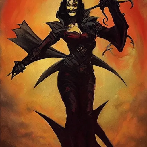 Prompt: “ evil vampire woman with five red swords floating above her, painting in the style of frank frazetta ”