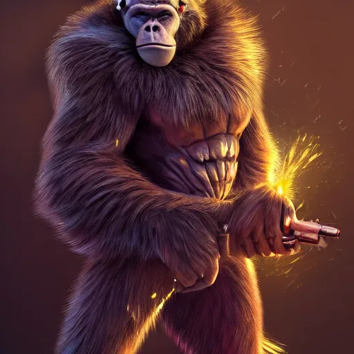 Prompt: fury art, an anthro ape wearing a large cape, exploding background, 3 d, 8 k, extremely detailed, trending on furaffinity, trending on artstation, award winning, sharp focus, illustration