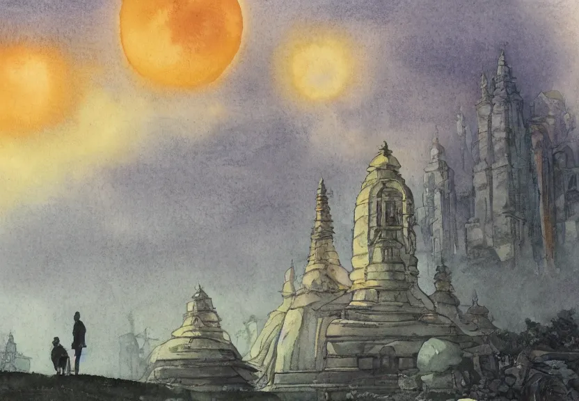 Prompt: a hyperrealist watercolor concept art from a studio ghibli film showing one giant grey alien. a temple is under construction in the background in india on a misty and starry night. by studio ghibli. very dull muted colors