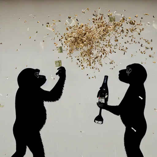 Image similar to display of 2 apes holding champaign bottles, money falling from the sky, made by banksy