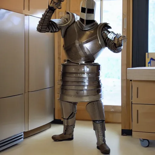 Prompt: cardboard boxman with cardboard armor, wielding a cardboard sword inside a kitchen, cabinets, stove