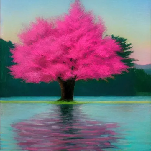 Image similar to beautiful pink tree beside a large lake landscape in the style of Edward Hopper