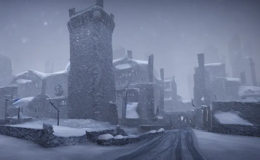 Prompt: winterfell in the snowstorm, doomy, Unreal Engine, cinematic photography, highly-detailed, games of thrones, HBO, high resolution, 8k, photorealistic, stunning volumetric lighting