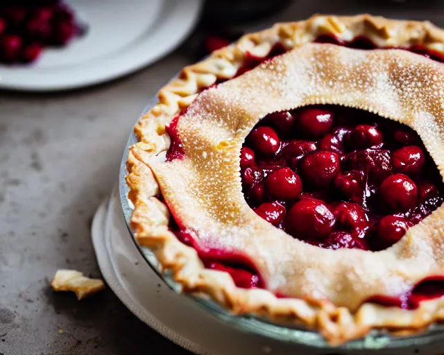 Prompt: dslr food photograph of a cherry pie, 8 5 mm f 1. 4