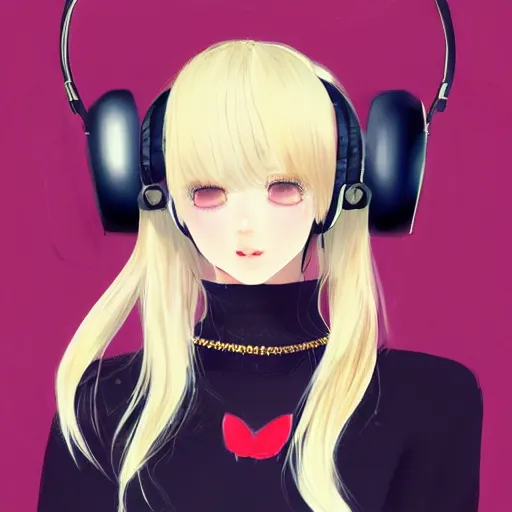 Image similar to realistic beautiful gorgeous natural cute Blackpink Lalisa Manoban blonde hair cute fur blonde cat ears wearing headphones wearing black leather choker in sweaters outfit golden eyes artwork drawn full HD 4K highest quality in artstyle by professional artists WLOP, Taejune Kim, Guweiz, ArtGerm on Artstation Pixiv