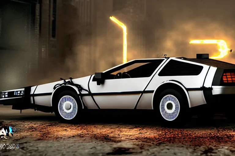 Image similar to photograph of the delorean from back to the future in half life 2, dark room, cinematic, volumetric lighting, hyperdetailed photograph