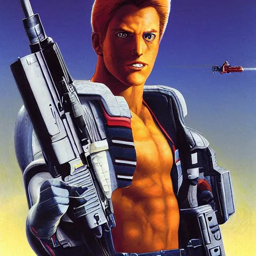 Image similar to an action portrait of fox mccloud holding a blaster, suspenseful, heroic, by peter elson