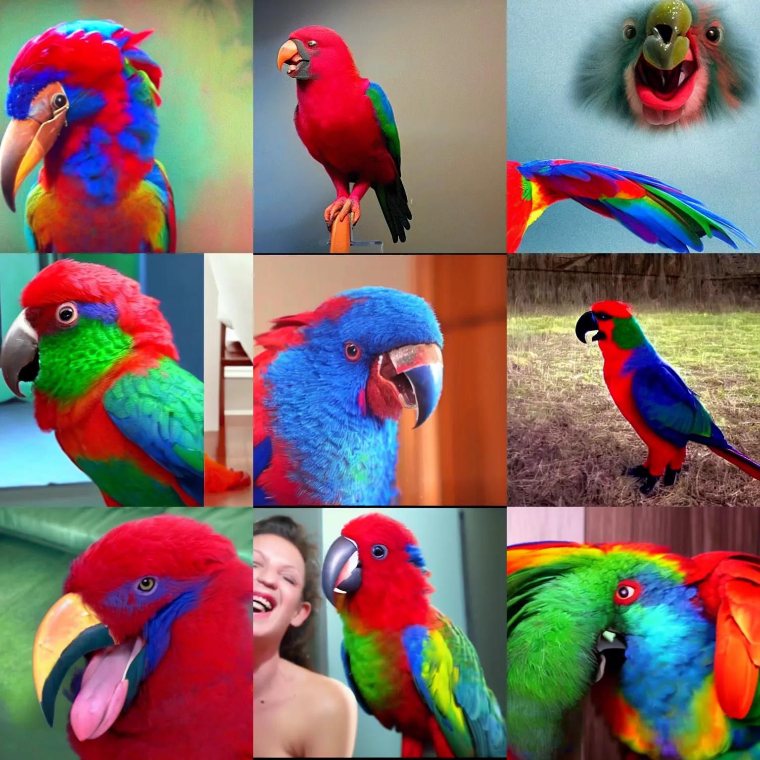 Prompt: chattering lory laughing in a room wuewuewue seen from underneath mighty presence, funny youtube video