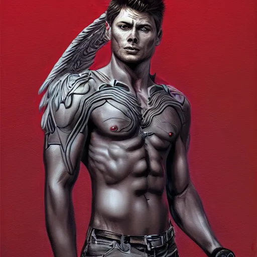 Prompt: Portrait of Dean Winchester as an angel warrior , intricate upper body, whole body, highly detailed, digital painting, artstation, concept art, smooth, sharp focus, illustration, art by Hajime Sorayama