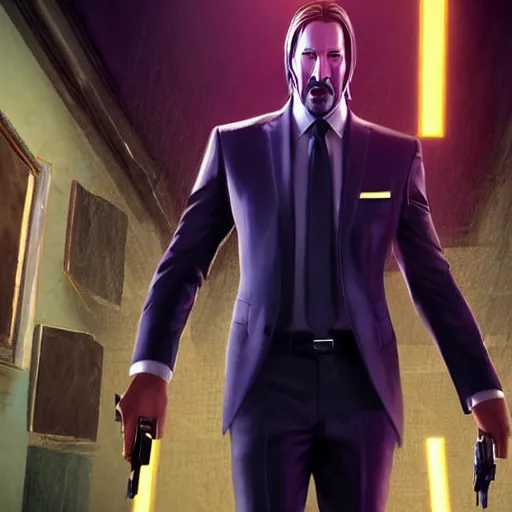 Image similar to john wick in saints row, artstation hall of fame gallery, editors choice, #1 digital painting of all time, most beautiful image ever created, emotionally evocative, greatest art ever made, lifetime achievement magnum opus masterpiece, the most amazing breathtaking image with the deepest message ever painted, a thing of beauty beyond imagination or words, 4k, highly detailed, cinematic lighting