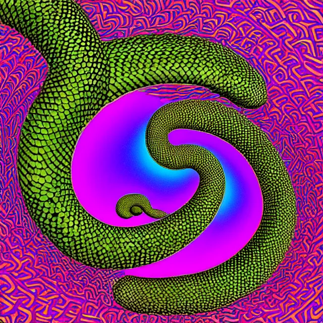 Image similar to serpentine ouroboros devouring itself onto infinity fractal dimensions symmetrical, chromatic aberration polychromatic color scheme