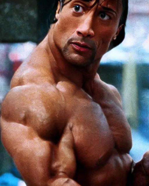 Image similar to Film still close-up shot of Dwayne Johnson as Rocky Balboa from the movie Rocky. Photographic, photography