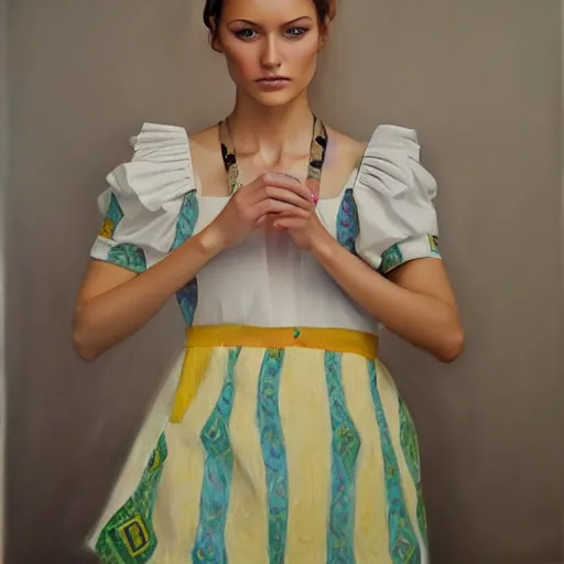 Image similar to hyperrealism oil painting of ukrainian fashion model in vyshyvanka