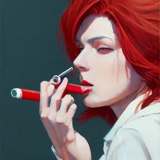 Image similar to a beautiful artwork portrait of a woman with white shirt and red hair smoking a cigarette by Jerome Opeña, featured on artstation