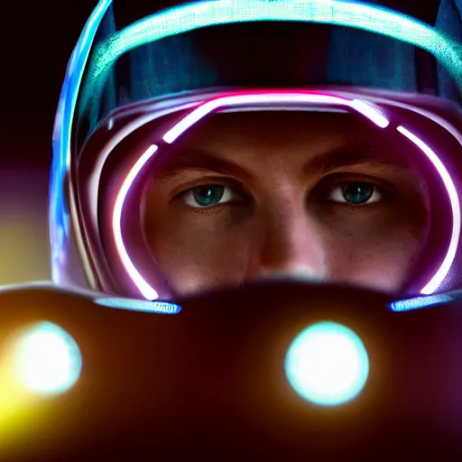 Prompt: cybernetic formula 1 driver, backlit, mirrors on background, glowing eyes, 5 0 mm bokeh,