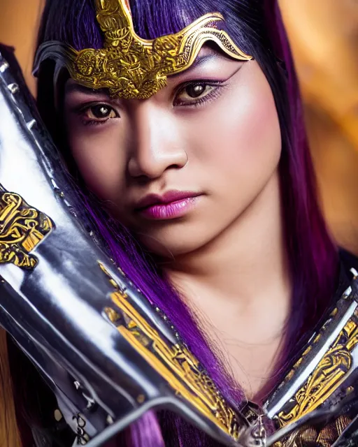 Image similar to a beautiful close up photo of a Filipina female with long hair and purple eyes, no helmet, wearing leather and gold futuristic steampunk armor, with ornate rune carvings and glowing lining, very detailed, shot in canon 50mm f/1.2