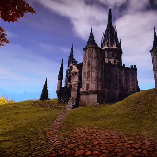 Image similar to beautiful gothic castle landscape in the style of Goat simulator, Gameplay Footage