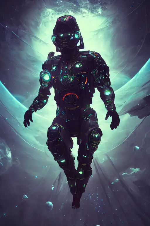 Image similar to ninja cyborg floating in space letting go of reality and experiencing the quantum feild, matte painting comic book art, cinematic, highly detailed, realistic, beautiful cosmic neural network, octane render, unreal engine, depth of field, trending on artstation, sharp focus, philosophical splashes of colors