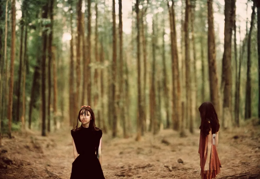 Image similar to lomo photo of a brunette girl standing i front of a modern forest cabin, cinestill, bokeh, out of focus