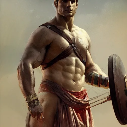 Image similar to henry cavill as a greek gladiator, gorgeous, amazing, muscular, intricate, highly detailed, digital painting, artstation, concept art, sharp focus, illustration, art by greg rutkowski and alphonse mucha