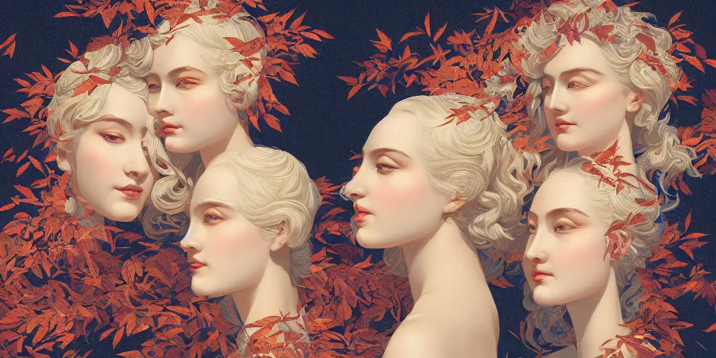 Image similar to breathtaking detailed concept art painting art deco pattern of blonde goddesses faces amalgamation autumn leaves, by hsiao - ron cheng and john james audubon, bizarre compositions, exquisite detail, extremely moody lighting, 8 k