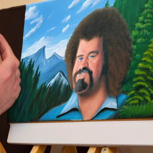 Prompt: a closeup photorealistic photograph of bob ross putting the finishing touches on a canvas painting that includes kenny powers. mountains and trees. film still. brightly lit scene. this 4 k hd image is trending on artstation, featured on behance, well - rendered, extra crisp, features intricate detail, epic composition and the style of unreal engine.