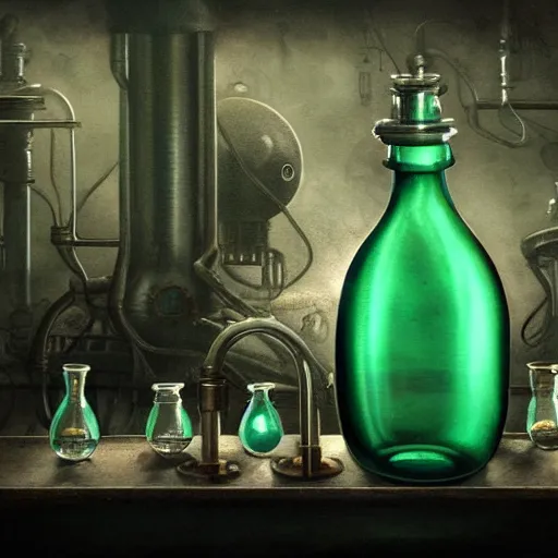 Prompt: a painting of a steampunk aqua potion bottle in a dark dusty vintage science lab, by h. r. giger, hyperrealistic fantasy art, concept matte, ethereal, dreamy, digital art, trending on artstation, volumetric cinematic lighting