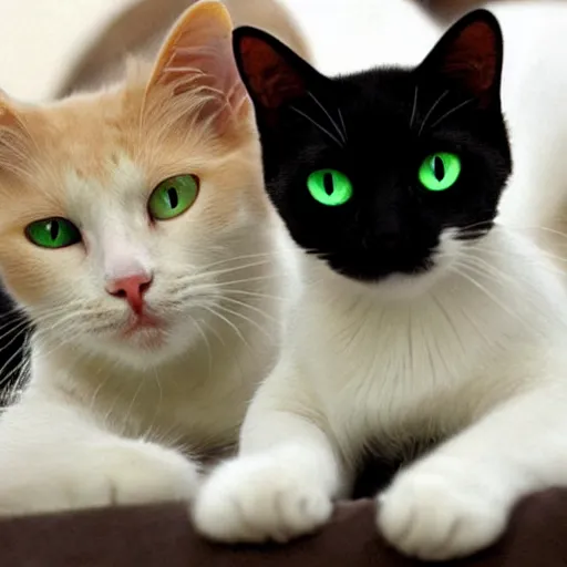 Image similar to [white cat, green eyes], left in the picture, [black cat, yellow eyes], right in the picture