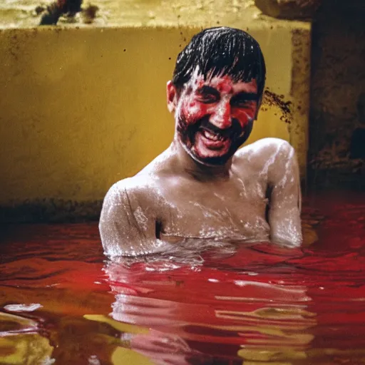 Prompt: a man smiling while taking a bath in blood