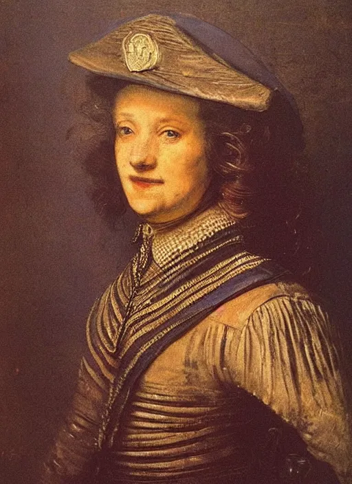 Prompt: female in police uniform. by rembrandt 1 6 6 7