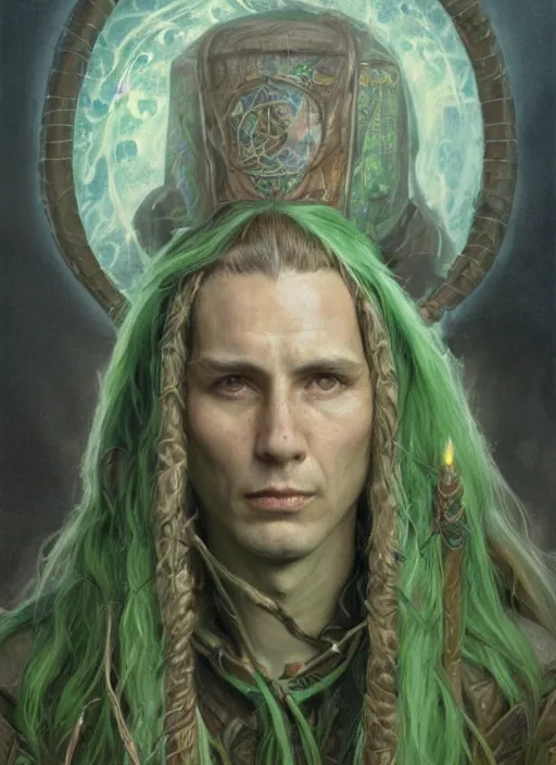 Image similar to a shaman in his twenties with long light brown hair tied back, light green eyes, a large forehead, a widows peak and a round face with high cheekbones as a realistic d & d fantasy character, portrait art by donato giancola and greg rutkowski, vintage retro, realistic face, digital art, trending on artstation