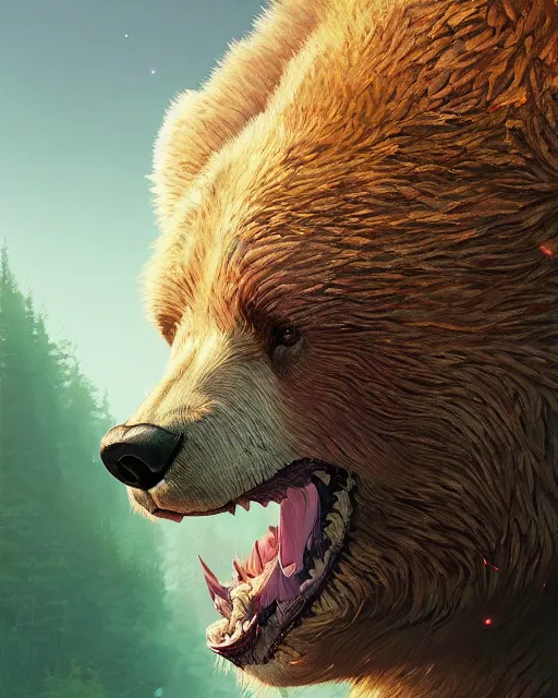 Prompt: highly detailed vfx portrait of a ferocious bear, stephen bliss, unreal engine, greg rutkowski, loish, rhads, beeple, makoto shinkai and lois van baarle, ilya kuvshinov, rossdraws, tom bagshaw, alphonse mucha, global illumination, detailed and intricate environment