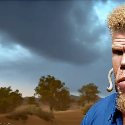 Image similar to ron perlman with a giant red curly afro with a handlebar mustache while wearing a light - blue collared shirt in the foreground, a blank canvas is right behind him, with a void white background, realistic, hyperrealistic, 8 k resolution, hd quality, very detailed, highly detailed, intricate details, real life, real world, trending on artstation