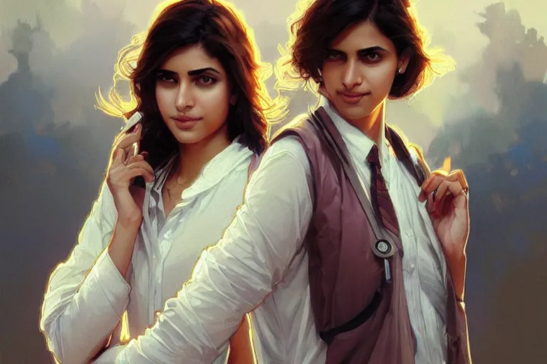 Image similar to Anxious good looking pale young Indian doctors wearing American clothes at the airport, portrait, elegant, intricate, digital painting, artstation, concept art, smooth, sharp focus, illustration, art by artgerm and greg rutkowski and alphonse mucha