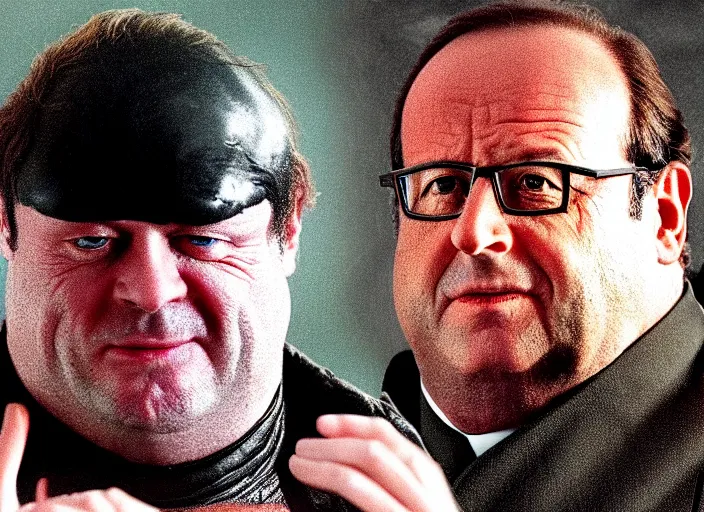 Image similar to François Hollande as baron harkonnen in a black oil bath in a still from the film Dune (2021)