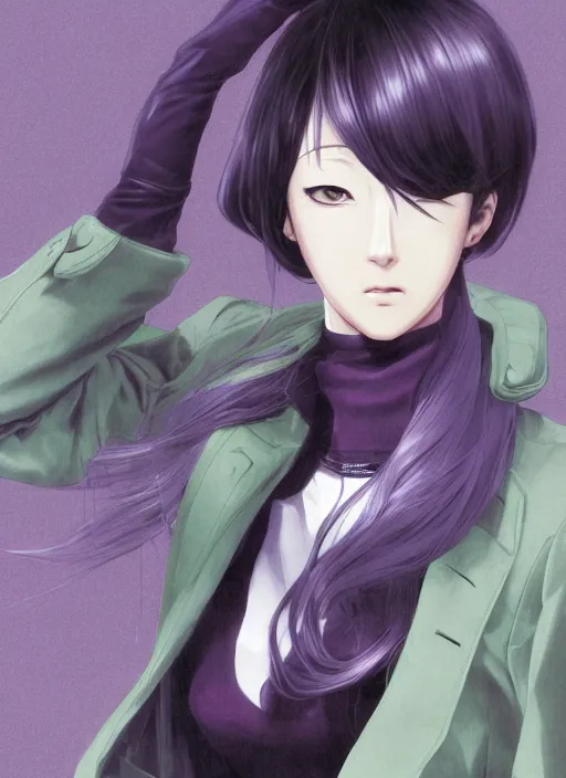 Image similar to illustration by shigenori soejima, by tatsuki fujimoto, by yoji shinakawa, tired girl, middle - parted long straight light purple hair, grey turtleneck coat, forest background, focus on face, pretty, moody lighting, painterly