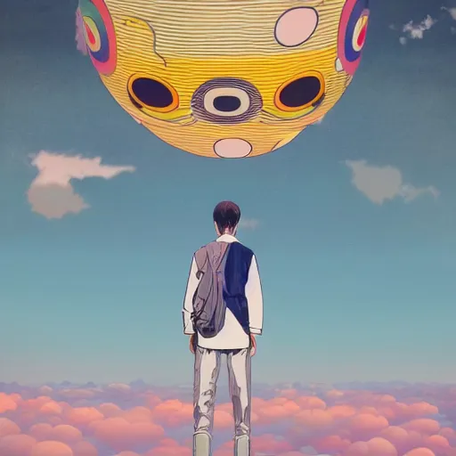 Image similar to a man walking on clouds away from the camera above kyoto by takashi murakami, beeple and james jean, aya takano color style, 4 k, super detailed, modern, 4 k, symmetrical