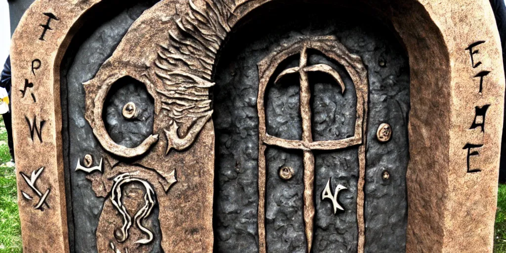 Prompt: A rune etched portal leading out of hell and into earth, highly detailed
