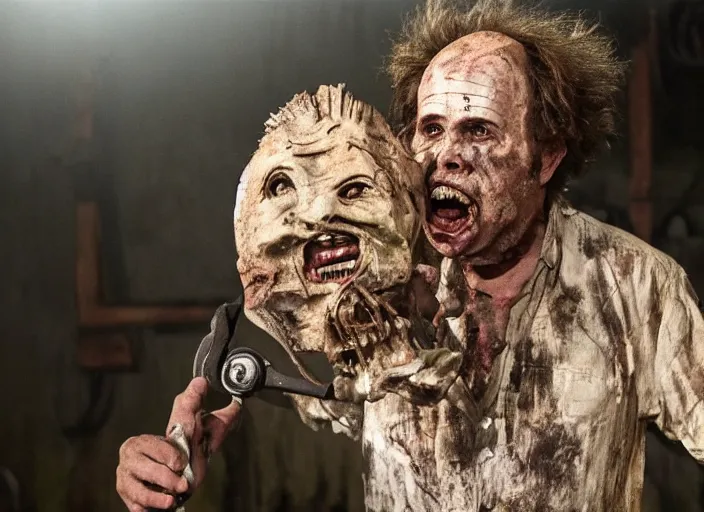 Prompt: clint howard as leatherface, movie still, from the new texas chainsaw massacre movie, 8 k, realistic