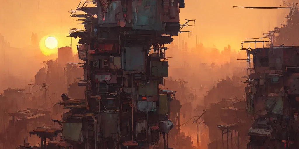 Image similar to Ian McQue Lee painting of a cyberpunk African favela, hazy sunset with dramatic clouds, asymmetrical, trending on Artstation, High quality image