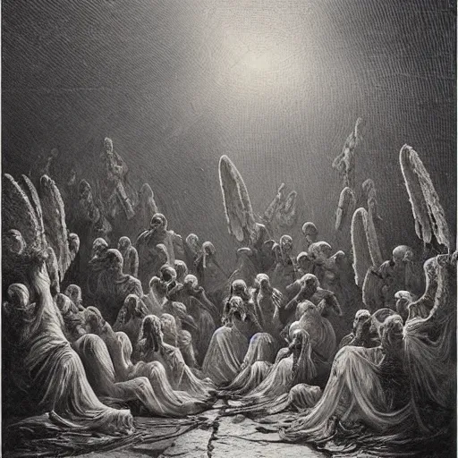 Prompt: seven angels come forth and receive seven bowls full of the wrath of god, smoke fills the temple so that no one can enter till the plagues of the seven angels have been complete, by gustave dore and stephen hickman and allen williams, trending on artstation, cgsociety, 4 k hd, earthtone colors, skulls in the smoke, an open canvas tent in the background