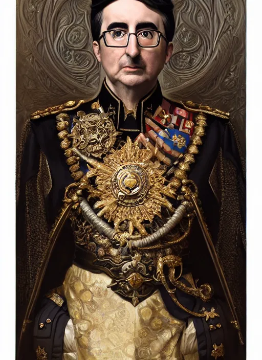 Prompt: portrait of supreme leader john oliver as stoic king, royalty, extravagant, lord, full body, military uniform, fantasy, intricate, elegant, beautiful, highly detailed, charcoal, centered, dark, smokey, digital painting, artstation, concept art, art by artgerm and greg rutkowski and alphonse mucha