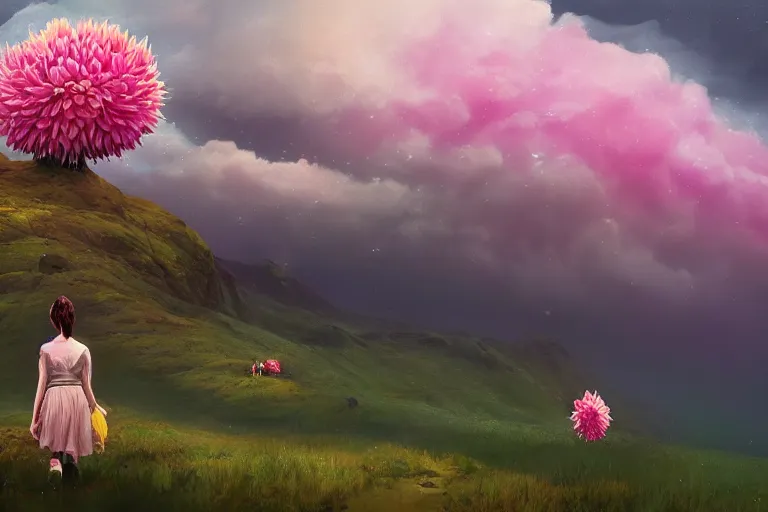 Image similar to giant dahlia flower as a head, girl walking on mountain, surreal photography, stars, dramatic light, impressionist painting, storm clouds, digital painting, artstation, simon stalenhag