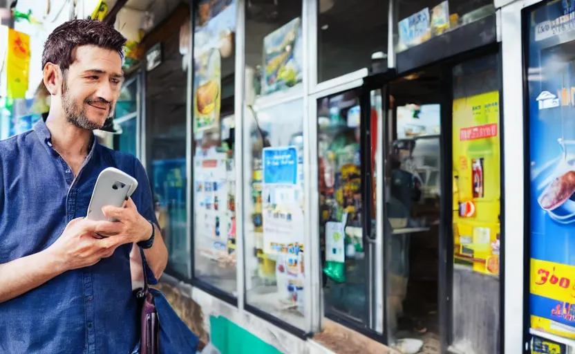 Prompt: A man talking on a phone outside a convenience store on a sunny afternoon, promotional shot